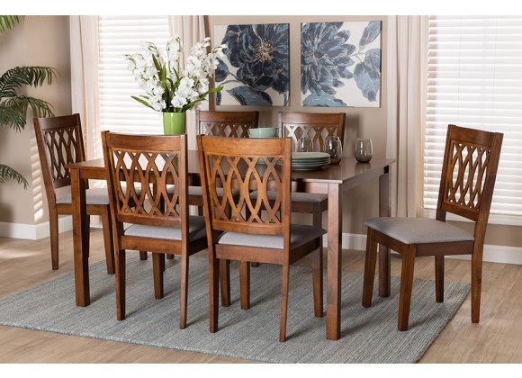 Baxton Studio Florencia Modern Grey Fabric and Walnut Brown Finished Wood 7-Piece Dining Set - Lifestyle