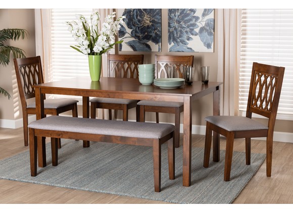 Baxton Studio Florencia Modern Grey Fabric and Walnut Brown Finished Wood 6-Piece Dining Set - Lifestyle