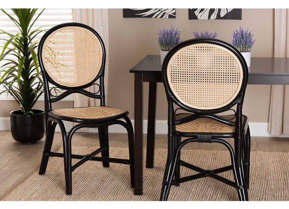 Baxton Studio Ayana Mid-Century Modern Two-Tone Black and Natural Brown Rattan Dining Chair - Lifestyle
