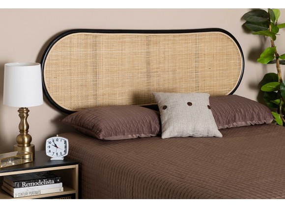 Baxton Studio Reegan Modern Bohemian Two-Tone Black and Natural Brown Rattan Queen Size Standalone Headboard - Lifestyle