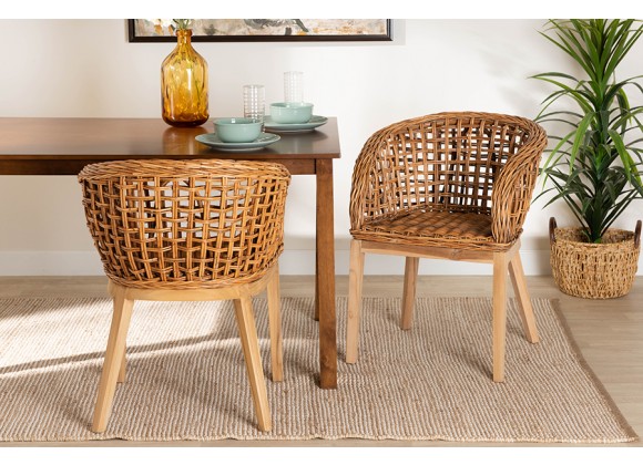 Baxton Studio Mario Modern Bohemian Natural Brown Finished Teak Wood and Rattan 2-Piece Dining Chair Set - Lifestyle