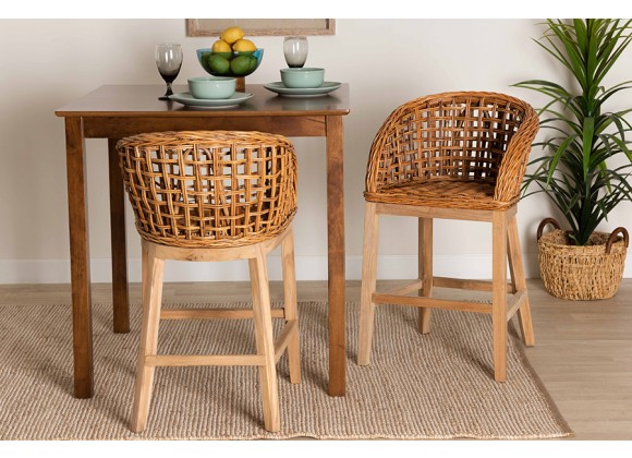 Baxton Studio Mario Modern Bohemian Natural Brown Finished Teak Wood and Rattan 2-Piece Counter Stool Set - Set of Two - Lifestyle