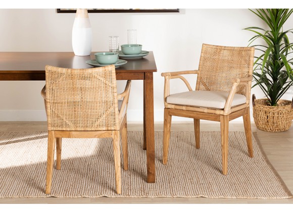 Baxton Studio Storsel Modern Bohemian Natural Brown Finished Teak Wood and Rattan 2-Piece Dining Chair Set - Lifestyle