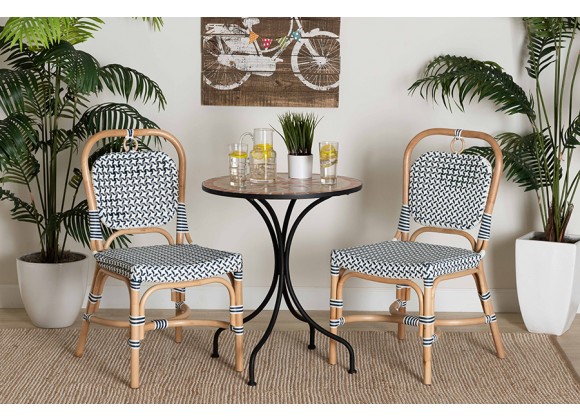 Baxton Studio Luciana Modern French Blue and White Weaving Natural Rattan Bistro Chair - Lifestyle