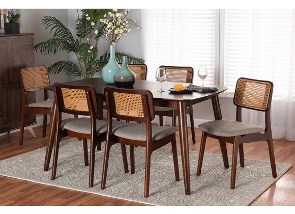 Baxton Studio Dannon Mid-Century Modern Grey Fabric and Walnut Brown Finished Wood 7-Piece Dining Set - Lifestyle