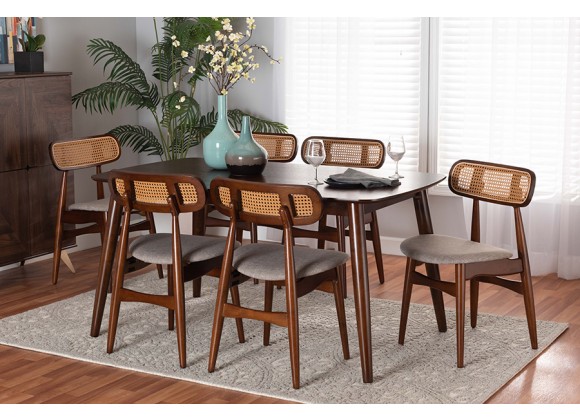 Baxton Studio Tarana Mid-Century Modern Grey Fabric and Walnut Brown Finished Wood 7-Piece Dining Set - Lifestyle