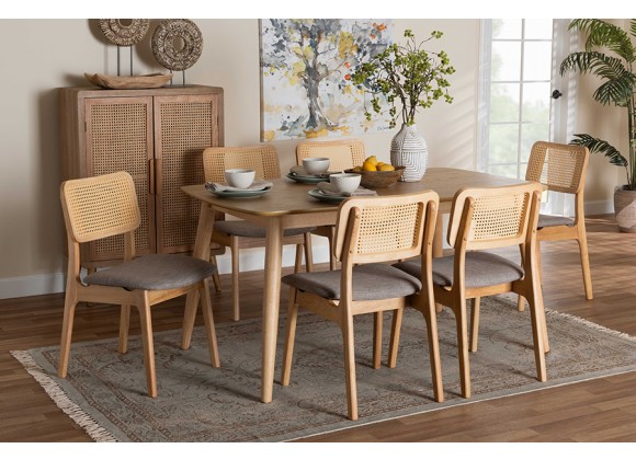 Baxton Studio Dannon Mid-Century Modern Grey Fabric and Natural Oak Finished Wood 7-Piece Dining Set - Lifestyle