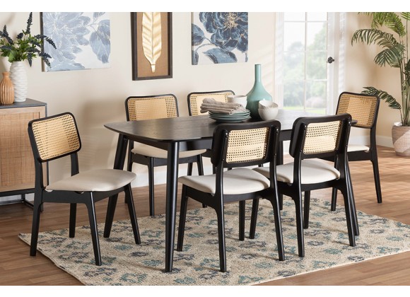 Baxton Studio Dannon Mid-Century Modern Cream Fabric and Black Finished Wood 7-Piece Dining Set  - Lifestyle