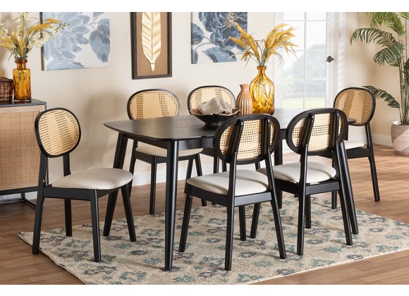 Baxton Studio Darrion Mid-Century Modern Cream Fabric and Black Finished Wood 7-Piece Dining Set - Lifestyle