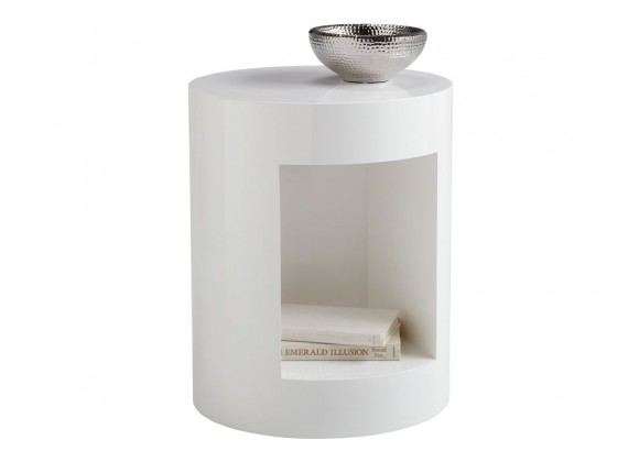 Sunpan Beacon End Table - High Gloss White - Front Side Angle with Decor