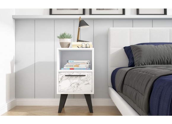 Manhattan Comfort Mid-Century- Modern Amsterdam Nightstand 1.0 with 1 Shelf in White Marble