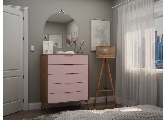Manhattan Comfort Rockefeller 5-Drawer Tall Dresser with Metal Legs In Pink Front
