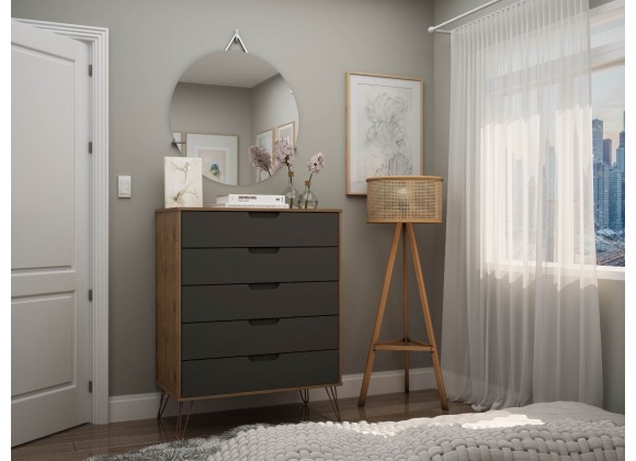 Manhattan Comfort Rockefeller 5-Drawer Tall Dresser with Metal Legs In Grey
