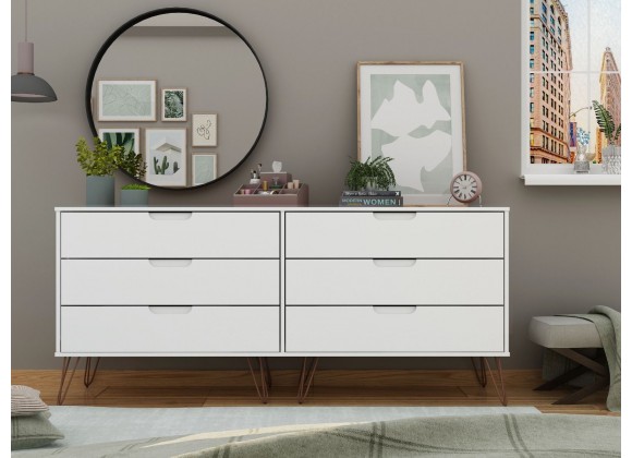 Manhattan Comfort Rockefeller 6-Drawer Double Low Dresser with Metal Legs in White