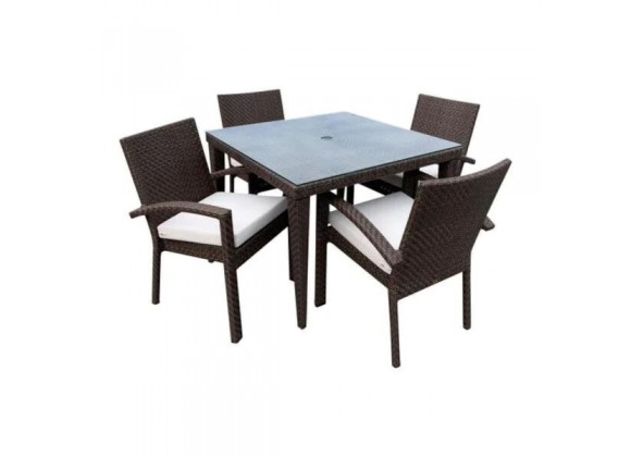 Hospitality Rattan Patio Soho 5-Piece Square Dining Arm Chair Set with Cushions