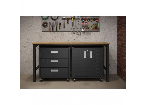 Manhattan Comfort 3-Piece Fortress Mobile Space-Saving Steel Garage Cabinet and Worktable 3.0 in Charcoal Grey