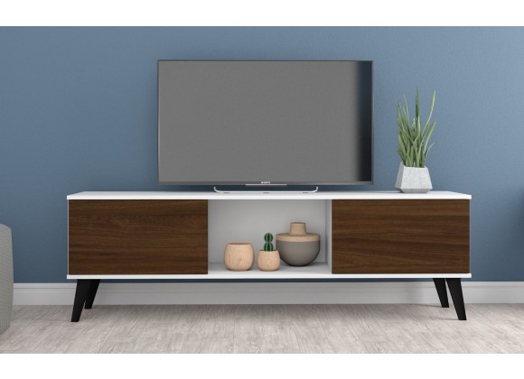 Manhattan Comfort Doyers 62.20 Mid-Century Modern TV Stand in White and Nut Brown