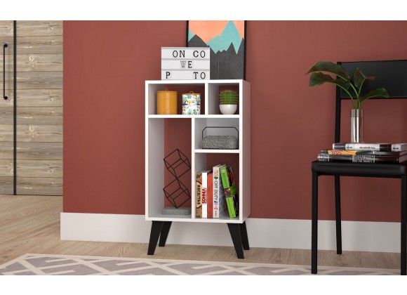 Manhattan Comfort Warren Low Bookcase 3.0 with 5 Shelves in White with Black Feet