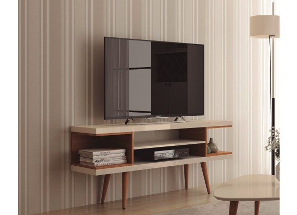 Utopia 53.14" TV Stand with Splayed Wooden Legs and 4 Shelves in Off White and Maple Cream
