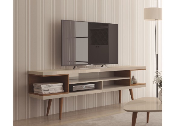 Utopia 70.47" TV Stand with Splayed Wooden Legs and 4 Shelves in Off White and Maple Cream