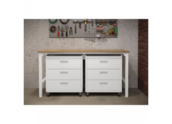 Manhattan Comfort 3-Piece Fortress Mobile Space-Saving Steel Garage Cabinet and Worktable 6.0 in White