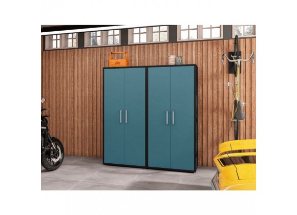 Manhattan Comfort Eiffel Storage Cabinet in Matte Black and Aqua Blue (Set of 2)