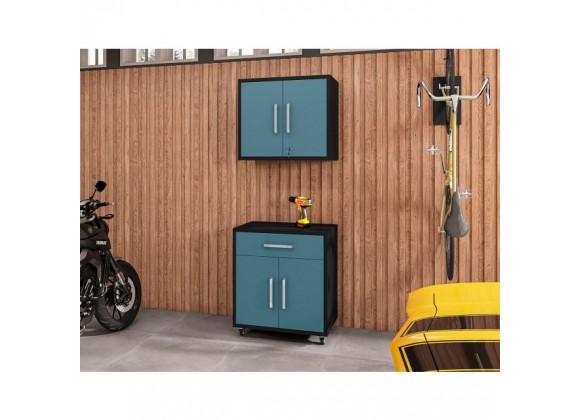 Manhattan Comfort Eiffel 2-Piece Storage Garage Set in Matte Black and Aqua Blue