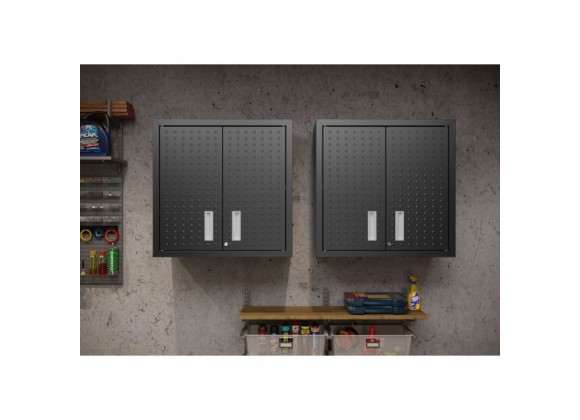 Manhattan Comfort Fortress 30" Floating Textured Metal Garage Cabinet with Adjustable Shelves in Charcoal Grey - Set of 2