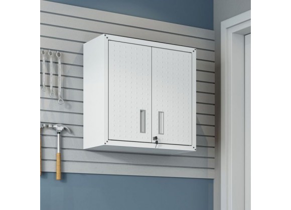 Manhattan Comfort Fortress 30" Floating Textured Metal Garage Cabinet with Adjustable Shelves in White Front