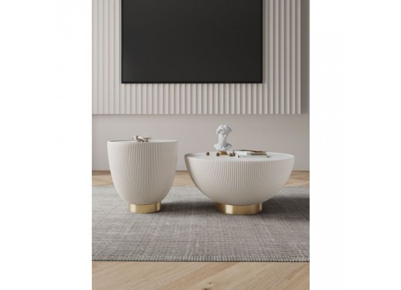 Manhattan Comfort Modern Anderson Coffee Table and End Table 2.0 Upholstered in Cream Leatherette with Ceramic Faux Tabletop - Set of 2