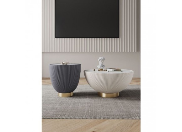 Manhattan Comfort Modern Anderson Coffee Table and End Table 2.0 Upholstered in Cream and Grey Leatherette with Ceramic Faux Tabletop - Set of 2