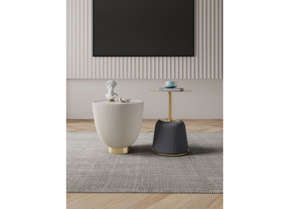 Manhattan Comfort Modern Anderson End Table 1.0 and End Table 2.0 Upholstered in Cream and Grey Leatherette with Ceramic Faux Tabletop and Gold Metal Tabletop- Set of 2