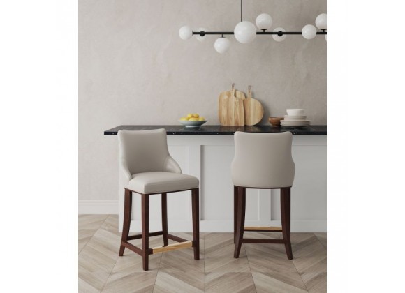 Manhattan Comfort Modern Shubert Counter Stool Upholstered In Light Grey Leatherette with Beech Wood Legs - Set of 2