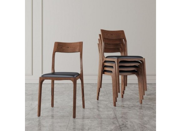 Manhattan Comfort Modern Moderno Stackable Dining Chair Upholstered in Leatherette with Solid Wood Frame in Walnut and Black- Set of 4
