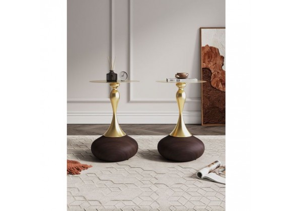 Manhattan Comfort Modern Patchin End Table with Round Metal Base in Brown Wood with Gold Tabletop - Set of 2