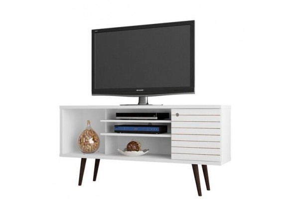Liberty 53.14" Mid Century - Modern TV Stand with 5 Shelves and 1 Door in White with Solid Wood Legs