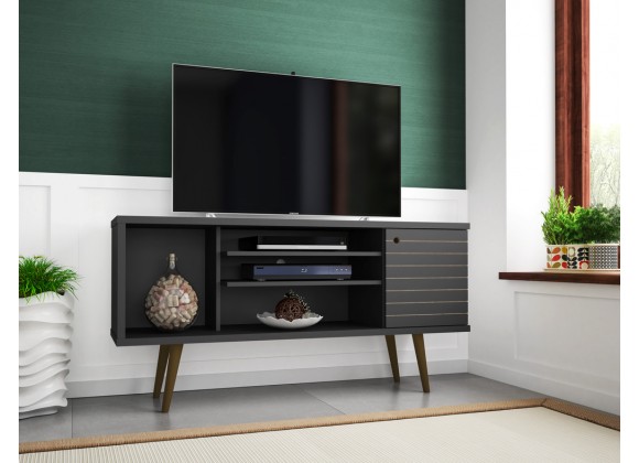 Liberty 53.14" Mid Century - Modern TV Stand with 5 Shelves and 1 Door in Black - Lifestyle
