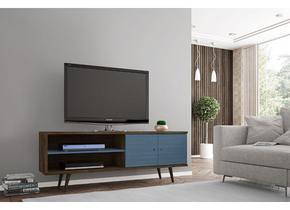 Manhattan Comfort Liberty 62.99 Mid-Century Modern TV Stand and Panel with Solid Wood Legs in Rustic Brown and Aqua Blue