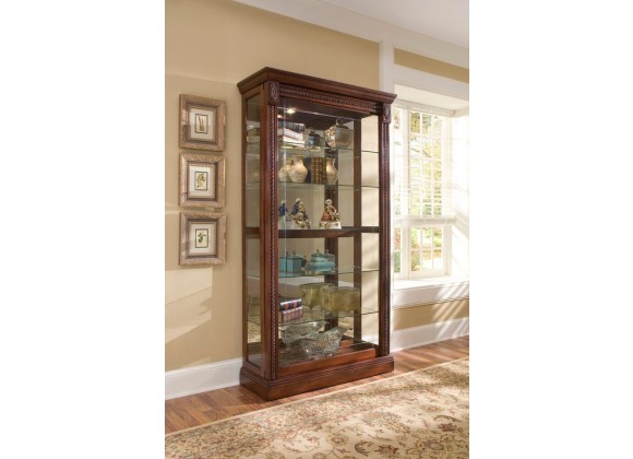 Pulaski Furniture Lighted Sliding Door 5 Shelf Curio Cabinet in Cherry Brown Room View