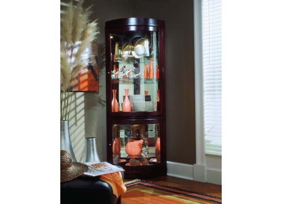 Pulaski Furniture Curved 5 Shelf Corner Curio Cabinet in Cherry Brown Room View
