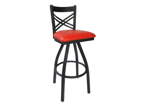 Akrin Cross Back Barstool With Steel Frame And Sand Black Finish - Red Cushion