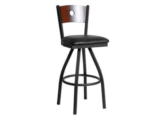 Darby Circle Wood Back Swivel Barstool In Steel Frame And Sand Black Finish 