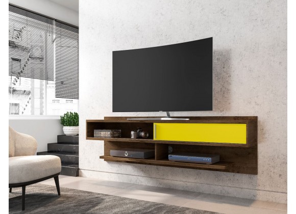 Manhattan Comfort Astor 70.86 Modern Floating Entertainment Center 1.0 with Media Shelves in Rustic Brown and Yellow