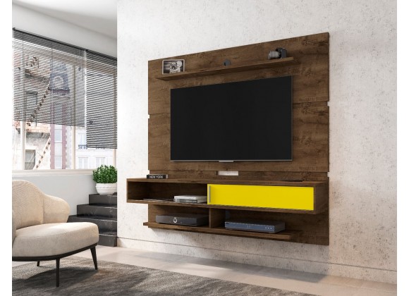 Manhattan Comfort Astor 70.86 Modern Floating Entertainment Center 2.0 with Media and Décor Shelves in Rustic Brown and Yellow