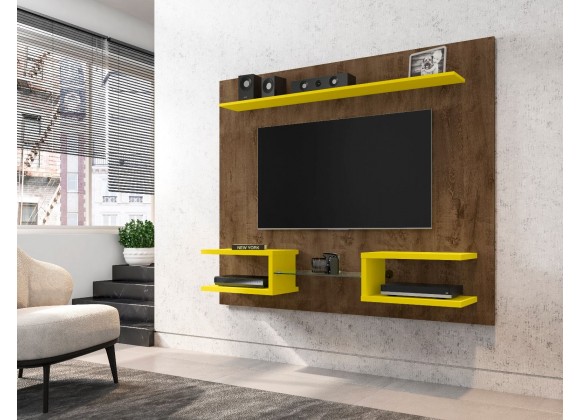 Manhattan Comfort Plaza 64.25 Modern Floating Wall Entertainment Center with Display Shelves in Rustic Brown and Yellow 