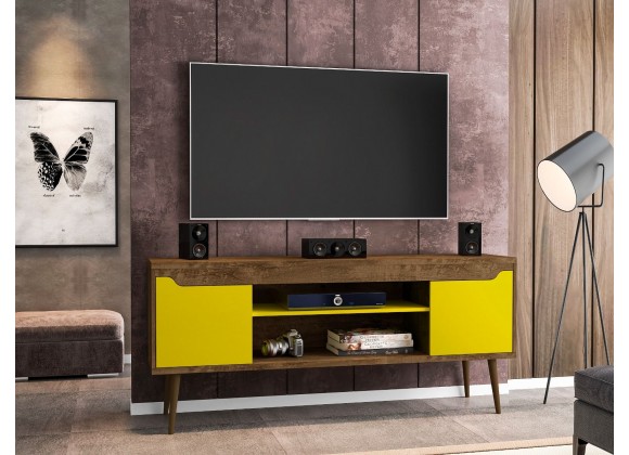 Manhattan Comfort Bradley 62.99 TV Stand Rustic Brown and Yellow with 2 Media Shelves and 2 Storage Shelves in Rustic Brown and Yellow with Solid Wood Legs Front