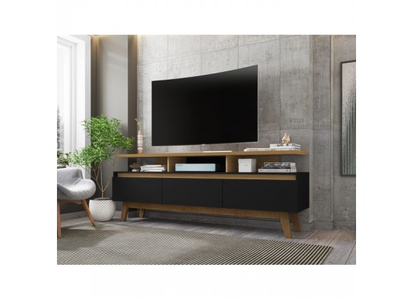 Manhattan Comfort Yonkers 70.86 TV Stand with Solid Wood Legs and 6 Media and Storage Compartments in Black and Cinnamon