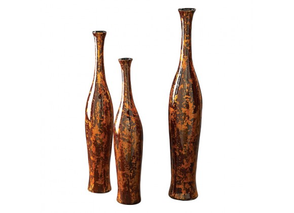 Howard Elliott Mottled Red & Gold Ceramic Vase Set