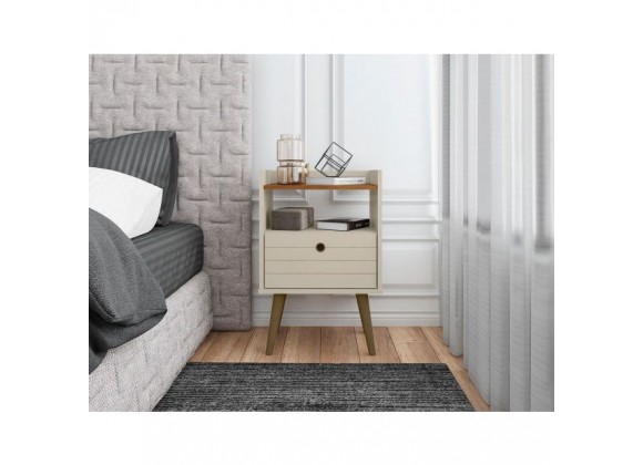 Manhattan Comfort Bogart Mid-Century Modern Nightstand in Off-White and Nature
