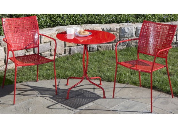 Alfresco Home Martini 3 Piece Bistro Set in Cherry Pie Finish with 27.5" Round Bistro Table and 2 Stackable Bistro Chair - Lifestyle
